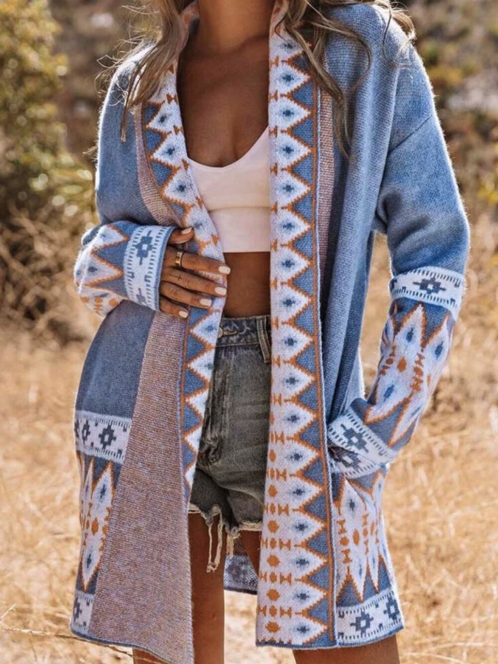 Aztec Print Open Front Cardigan | Orange Blue White | Womens XL
